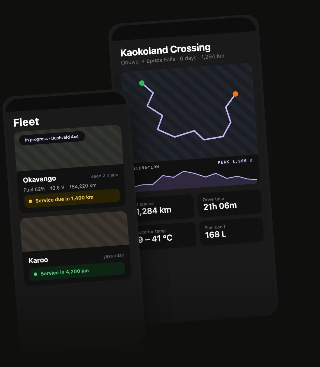 UF Companion mobile app: fleet list and a journey with route map and elevation